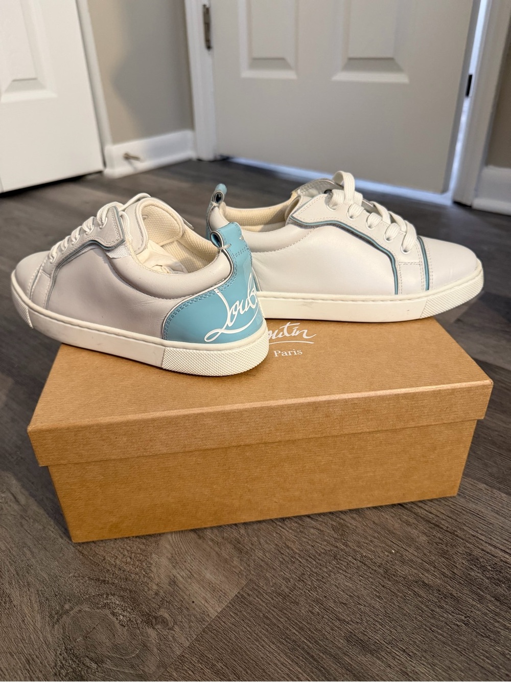 Christian Louboutin Kids White Sneakers with Light Blue Heel Tab